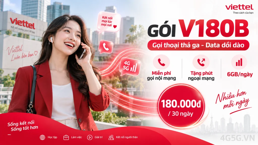 Ảnh đại diện gói cước Gói V180B Viettel – 6GB/ngày (180GB) kèm 100 phút ngoại mạng giá 180.000đ